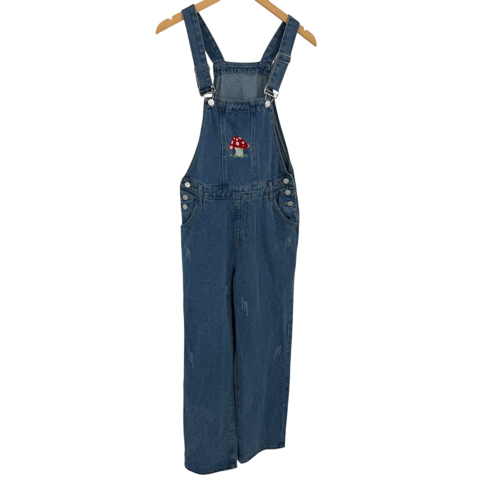 NWT Romwe Denim Overall Women M Blue Mushroom Embroidered Distressed Cottagecore